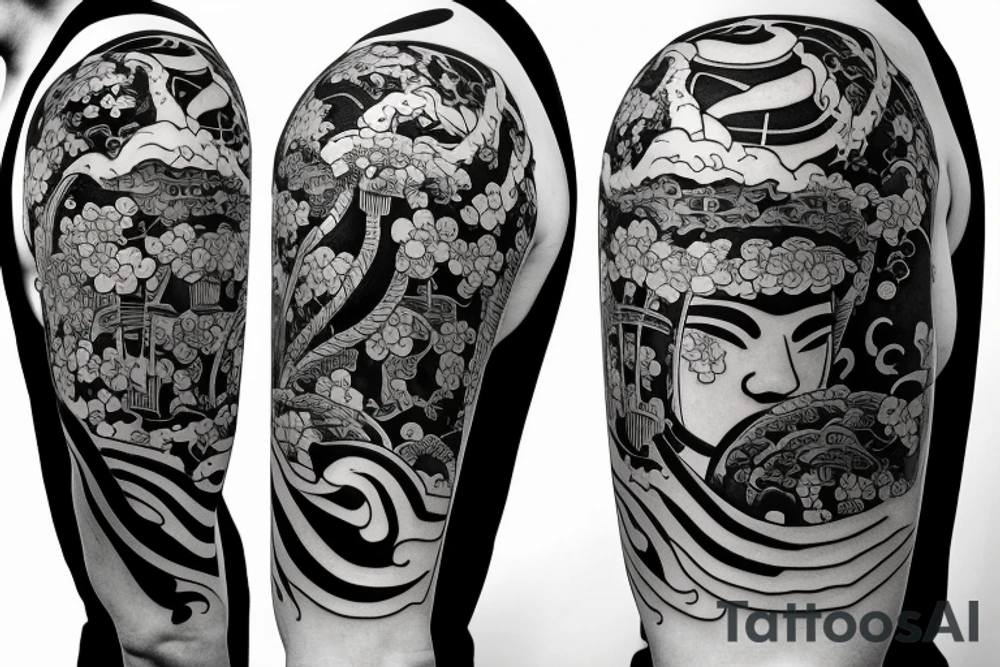 Samurai kneeling with Japanese garden in background tattoo idea