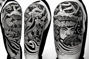 Samurai kneeling with Japanese garden in background tattoo idea