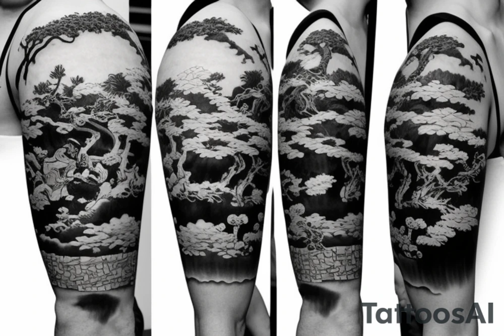 Samurai kneeling with Japanese garden in background tattoo idea