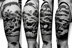 Samurai kneeling with Japanese garden in background tattoo idea