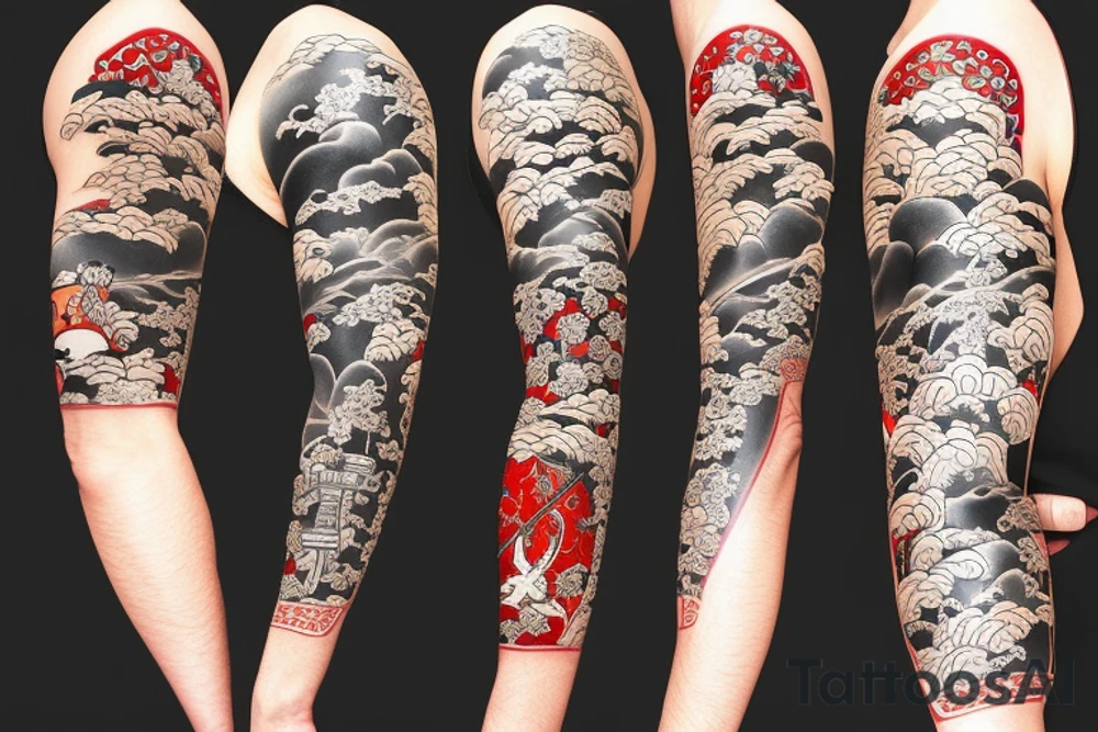 Samurai kneeling with Japanese garden in background tattoo idea
