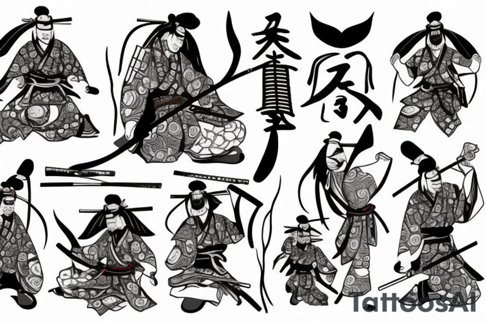 Samurai kneeling with Japanese garden in background tattoo idea