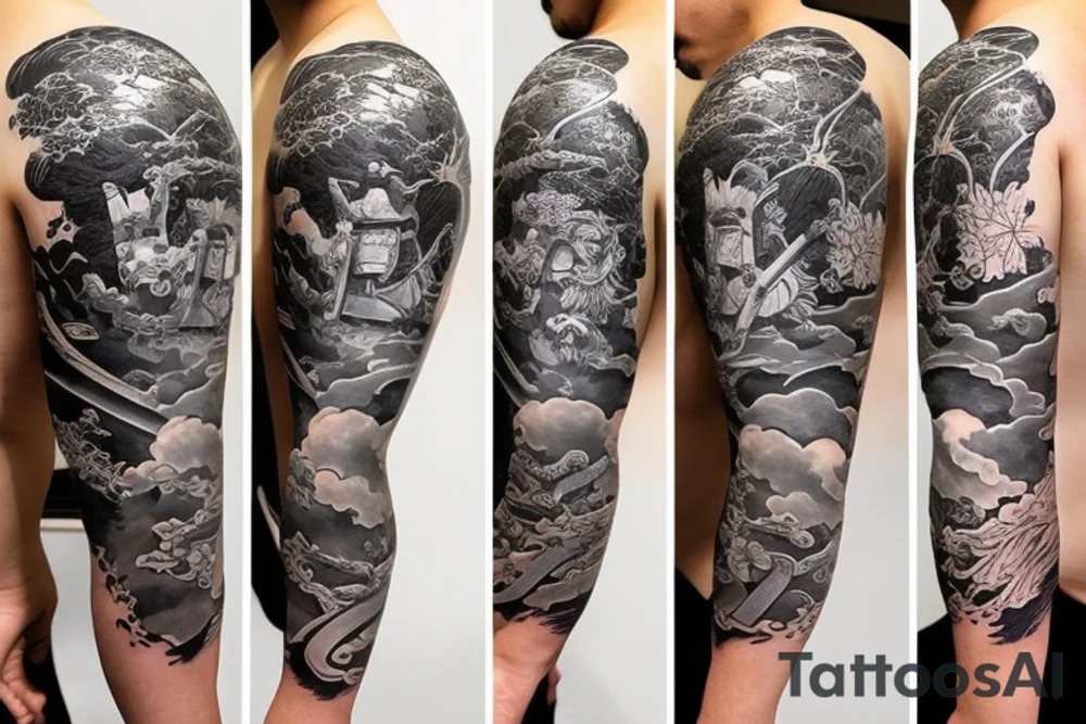 Samurai kneeling with Japanese garden in background tattoo idea