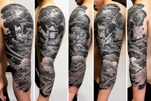 Samurai kneeling with Japanese garden in background tattoo idea