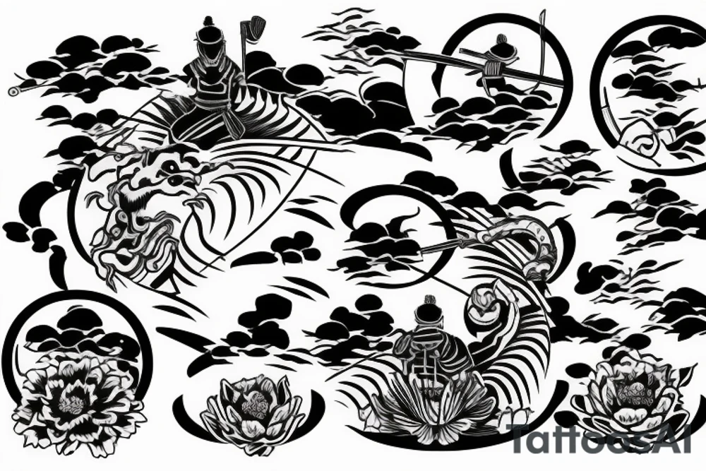 Samurai kneeling with Japanese garden in background tattoo idea
