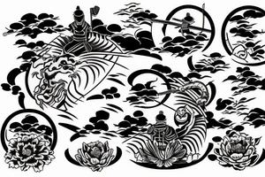 Samurai kneeling with Japanese garden in background tattoo idea