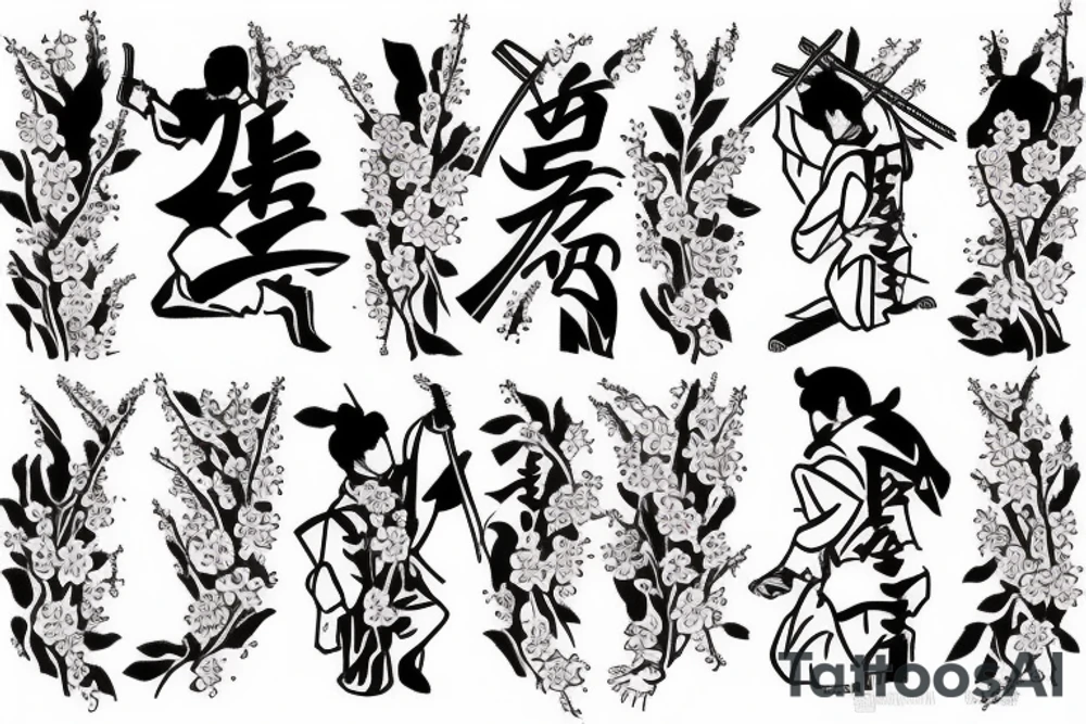 Samurai kneeling in front of cherry blossom tree and waterfall tattoo idea