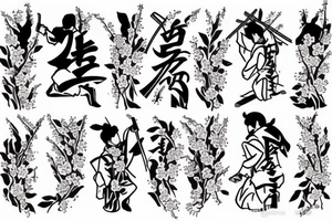 Samurai kneeling in front of cherry blossom tree and waterfall tattoo idea
