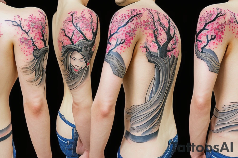 Samurai kneeling in front of cherry blossom tree and waterfall tattoo idea