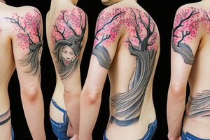 Samurai kneeling in front of cherry blossom tree and waterfall tattoo idea