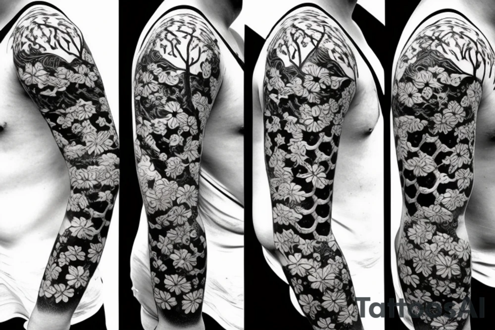 Samurai kneeling in front of cherry blossom tree and waterfall tattoo idea