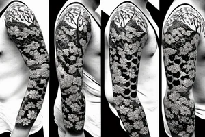 Samurai kneeling in front of cherry blossom tree and waterfall tattoo idea