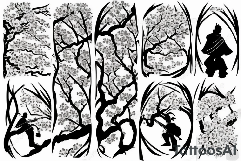 Samurai kneeling in front of cherry blossom tree and waterfall tattoo idea