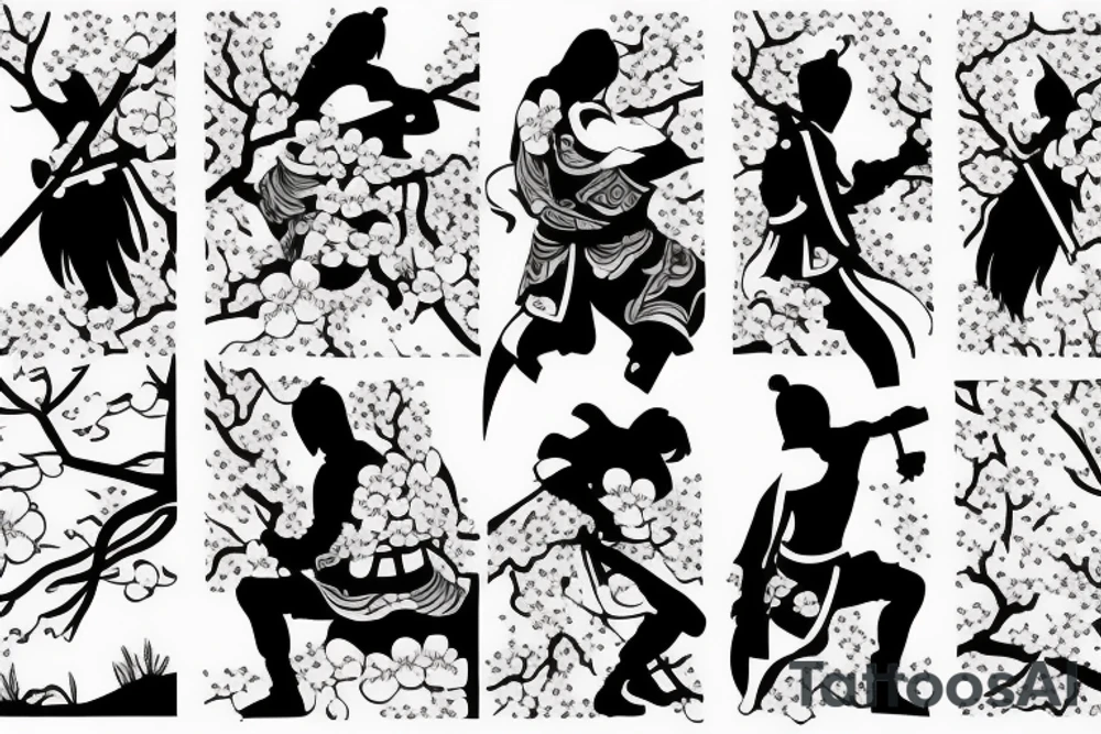 Samurai kneeling in front of cherry blossom tree and waterfall tattoo idea