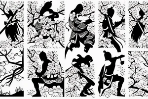 Samurai kneeling in front of cherry blossom tree and waterfall tattoo idea