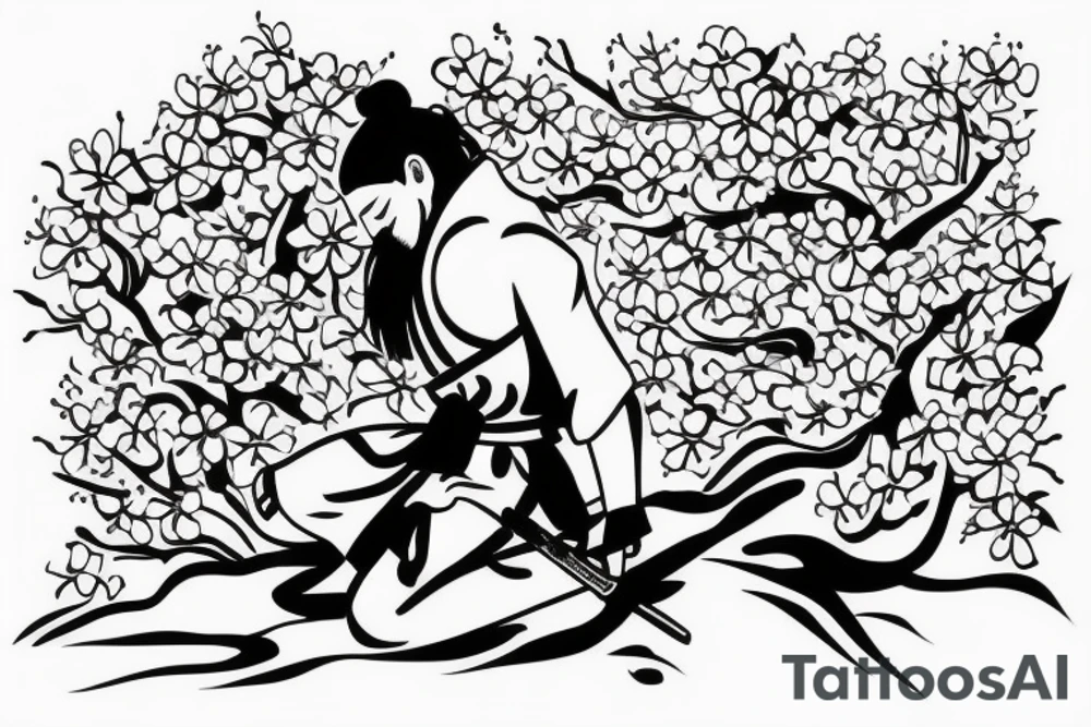 Samurai kneeling in front of cherry blossom tree and waterfall tattoo idea