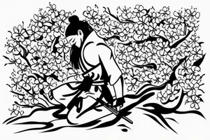 Samurai kneeling in front of cherry blossom tree and waterfall tattoo idea