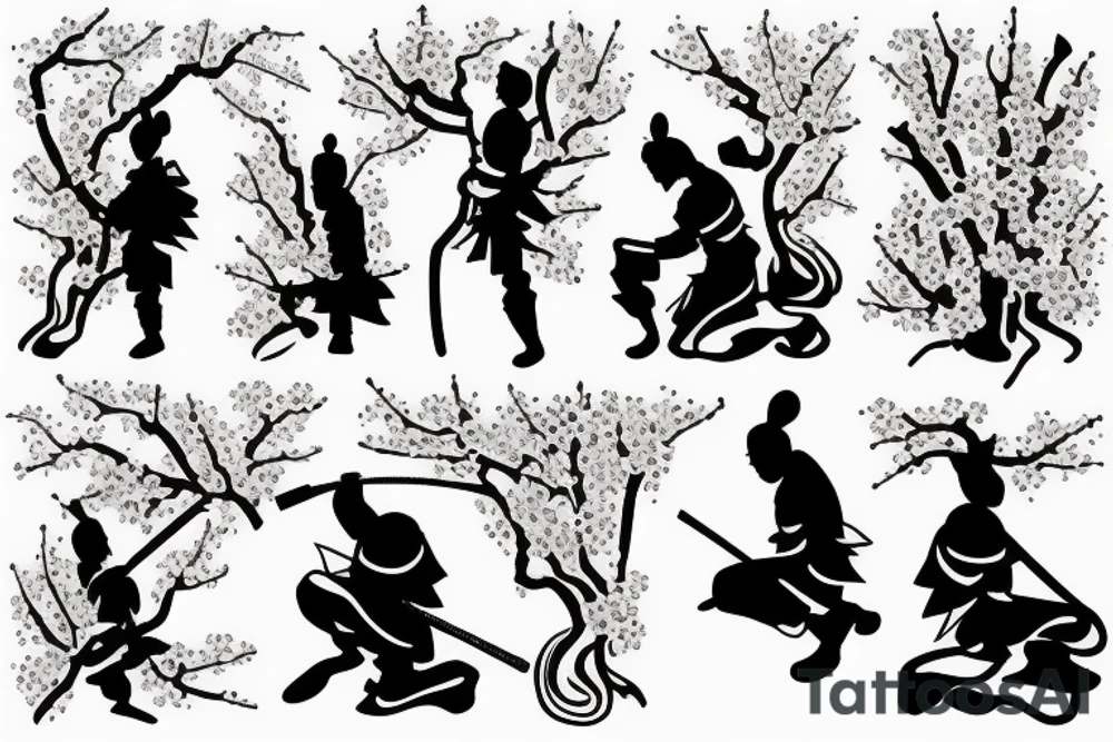 Samurai kneeling in front of cherry blossom tree and waterfall tattoo idea