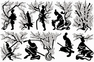 Samurai kneeling in front of cherry blossom tree and waterfall tattoo idea