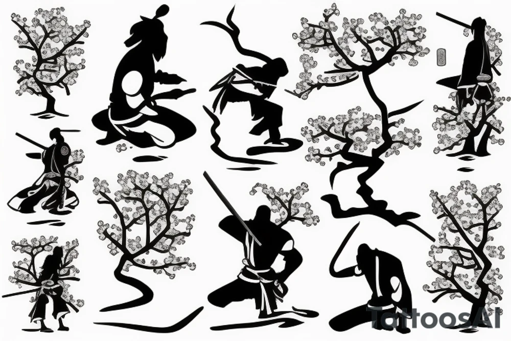 Samurai kneeling in front of cherry blossom tree and waterfall tattoo idea