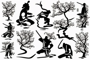 Samurai kneeling in front of cherry blossom tree and waterfall tattoo idea