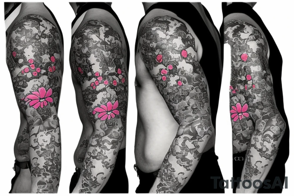 Samurai kneeling in front of cherry blossom tree and waterfall tattoo idea