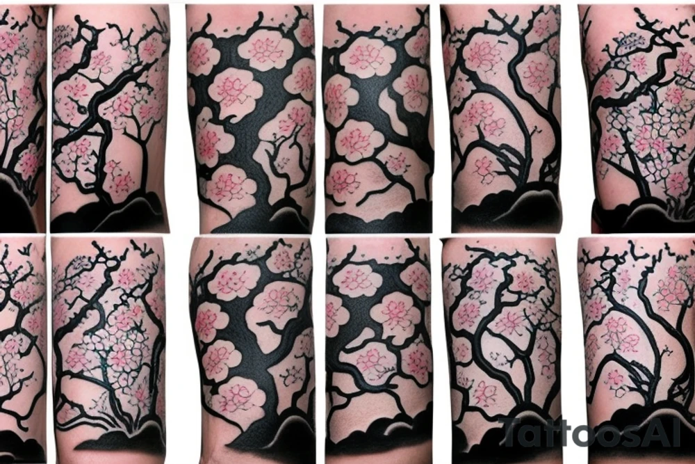 Samurai kneeling in front of cherry blossom tree and waterfall tattoo idea