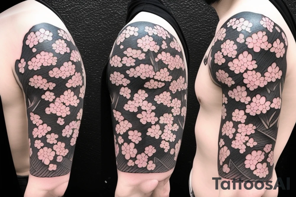 Samurai kneeling in front of cherry blossom tree and waterfall tattoo idea