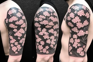 Samurai kneeling in front of cherry blossom tree and waterfall tattoo idea