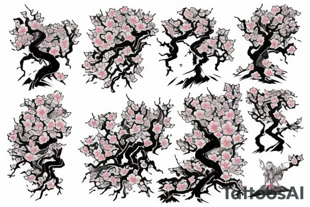 Samurai kneeling in front of cherry blossom tree and waterfall tattoo idea