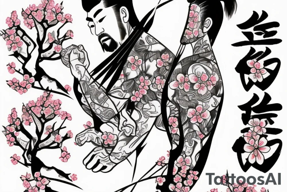 Samurai kneeling in front of cherry blossom tree and waterfall tattoo idea