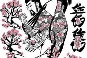 Samurai kneeling in front of cherry blossom tree and waterfall tattoo idea
