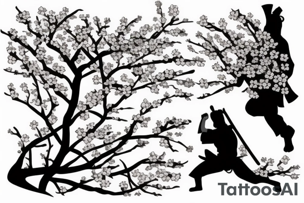 Samurai kneeling in front of cherry blossom tree and waterfall tattoo idea