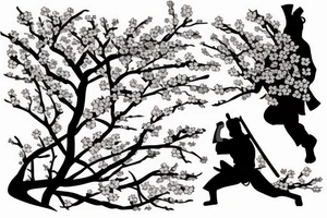 Samurai kneeling in front of cherry blossom tree and waterfall tattoo idea