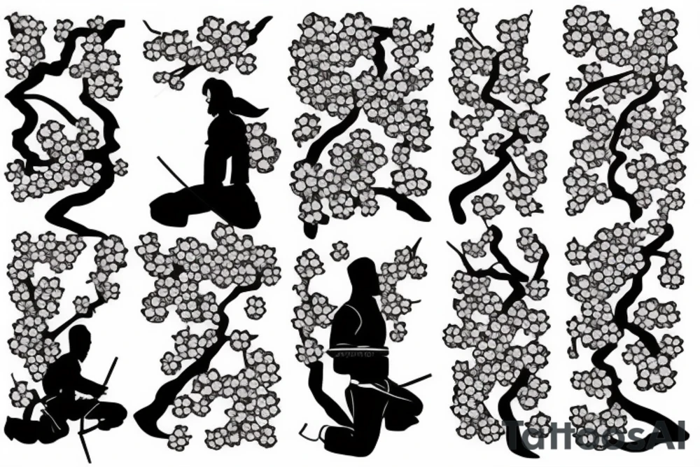 Samurai kneeling in front of cherry blossom tree and waterfall tattoo idea