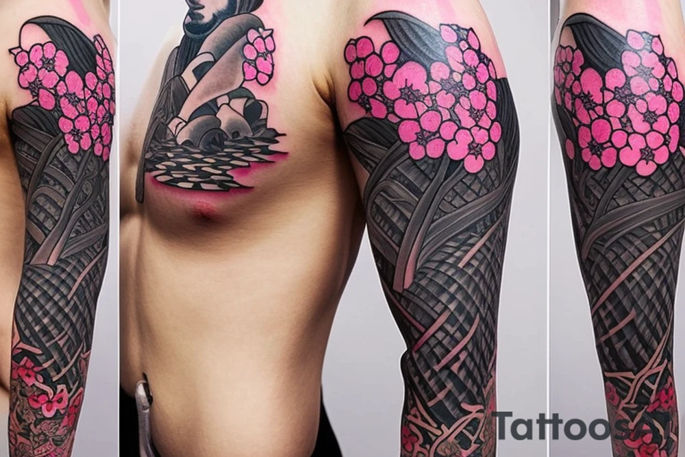 Samurai kneeling in front of cherry blossom tree and waterfall tattoo idea