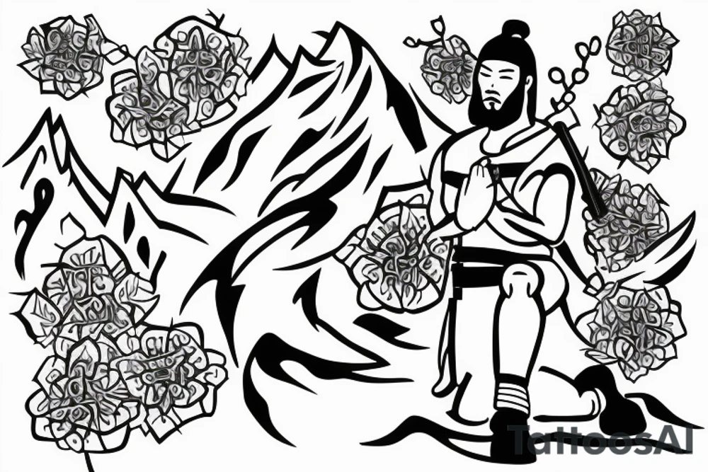 Samurai kneeling in front of cherry blossom tree and waterfall tattoo idea
