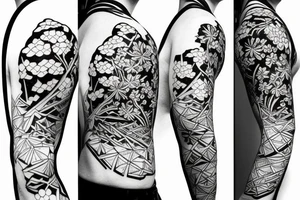 Samurai kneeling in front of cherry blossom tree and waterfall tattoo idea