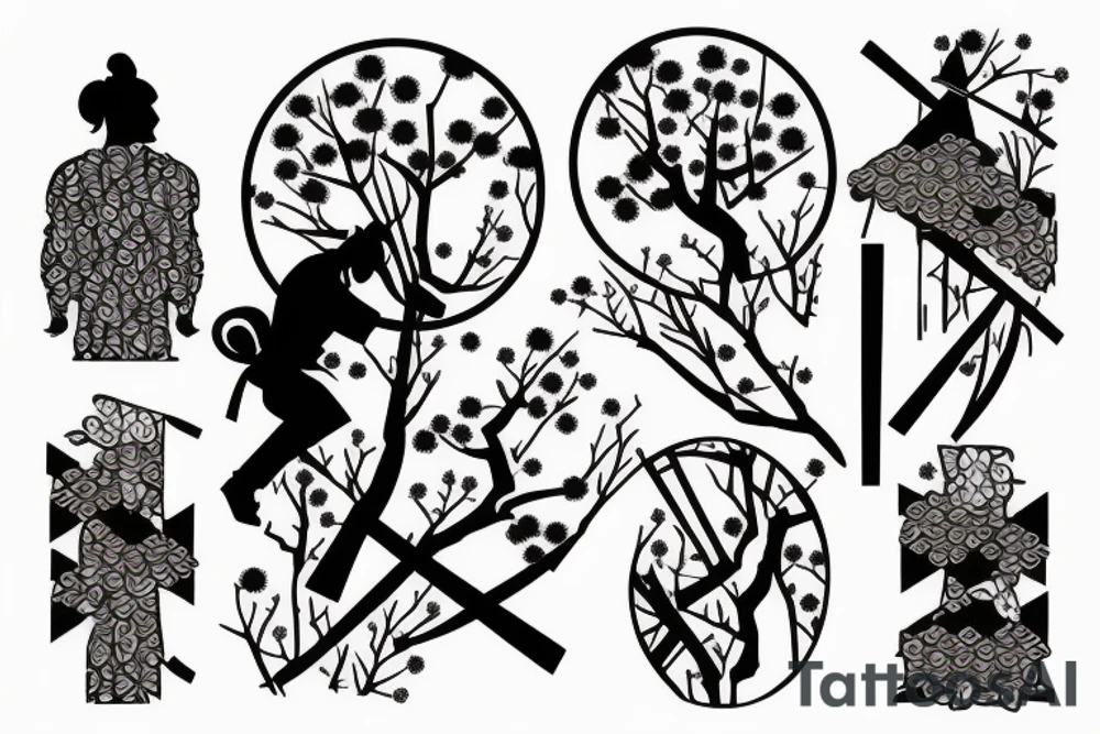 Samurai kneeling in front of cherry blossom tree and waterfall tattoo idea