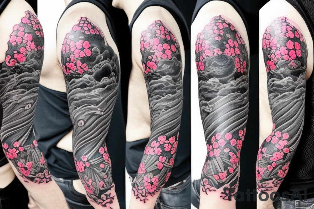 Samurai kneeling in front of cherry blossom tree and waterfall tattoo idea