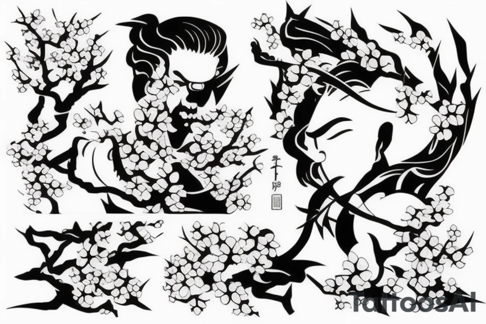 Samurai kneeling in front of cherry blossom tree and waterfall tattoo idea