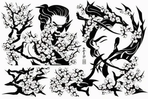 Samurai kneeling in front of cherry blossom tree and waterfall tattoo idea