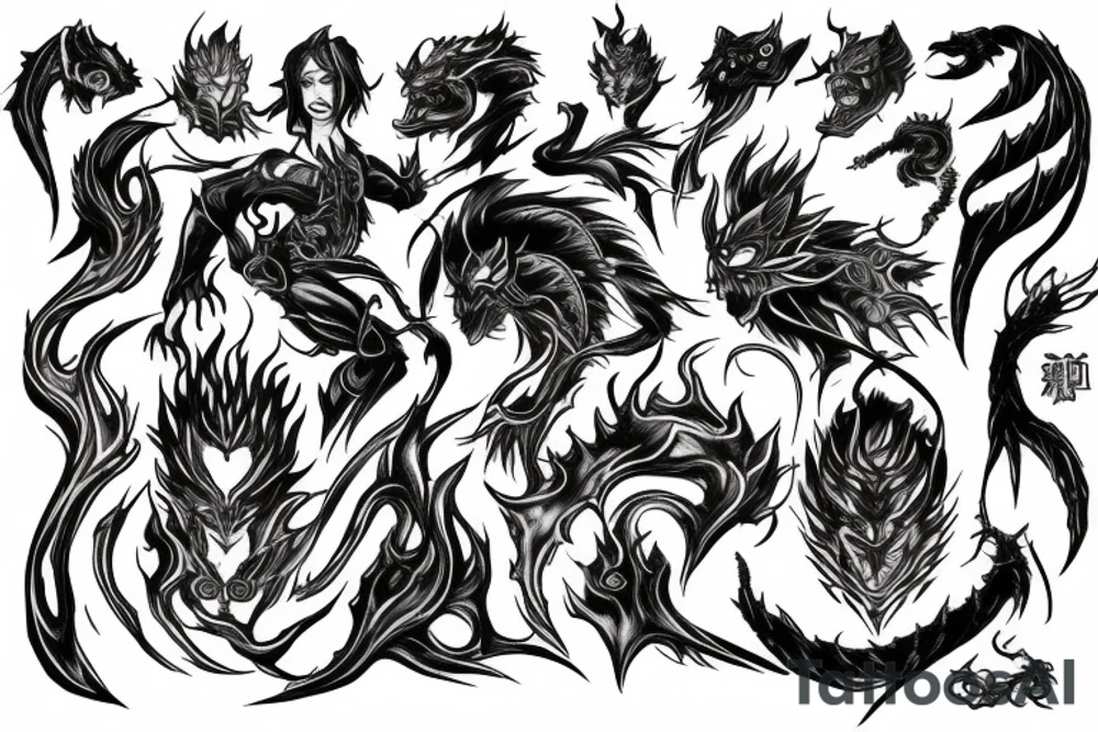 demon slayer with water and fire elements power tattoo idea