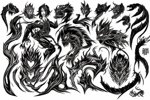 demon slayer with water and fire elements power tattoo idea