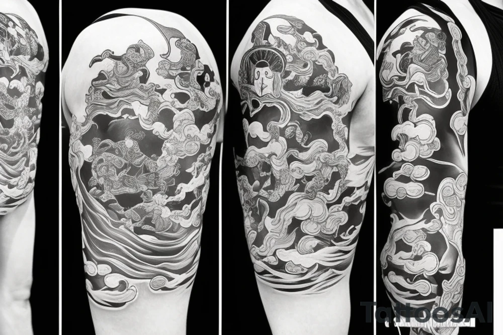samurai with water and fire katanas tattoo idea
