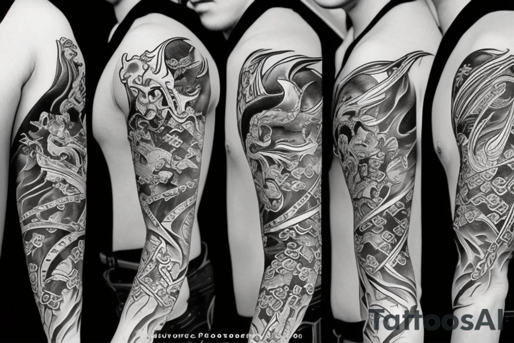 samurai with water and fire katanas tattoo idea