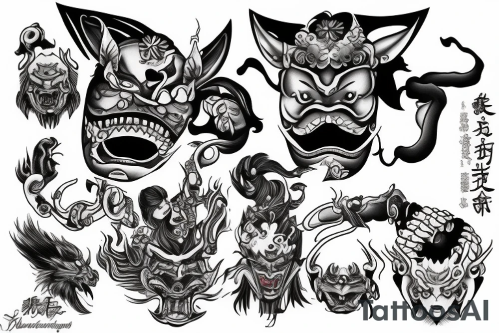 warrior with Hannya and elements powers tattoo idea