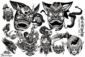 warrior with Hannya and elements powers tattoo idea