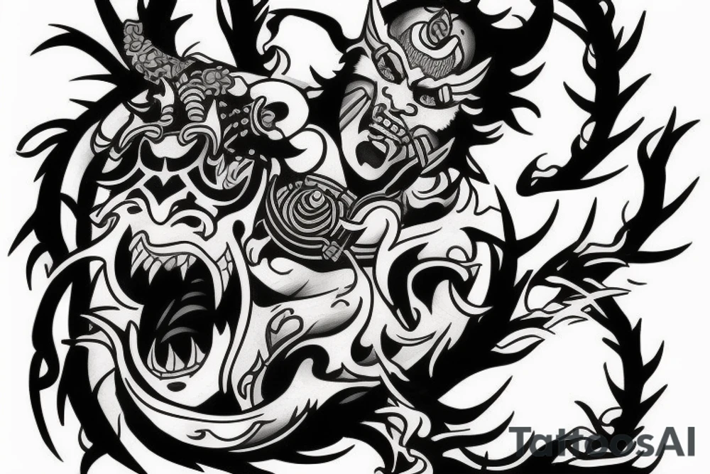 warrior with Hannya and elements powers tattoo idea