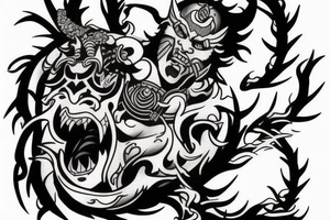 warrior with Hannya and elements powers tattoo idea